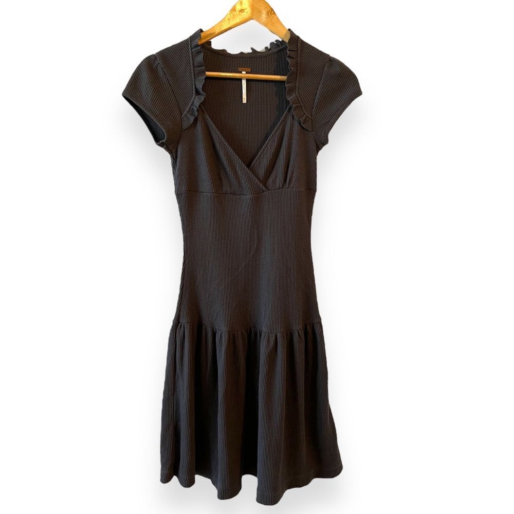 Free People XS Waffle Knit Henley Dress Casual Skater Boho Artsy Lagenlook Chic